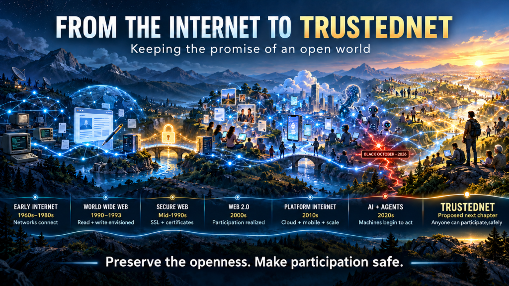 An infographic depicting the evolution of the internet from the early days of networking in the 1960s to the proposed future of TrustedNet by 2026, highlighting major milestones like the World Wide Web, Secure Web, Web 2.0, and AI advancements.